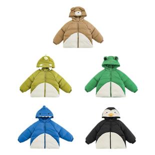 幼悠男童2025新款卡通动物连帽棉服冬季时尚撞色厚实保暖儿童外套