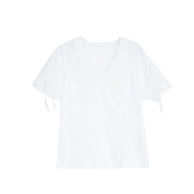 谜底复古法式尖领V领修身显瘦短袖上衣女2022夏季新款222MS0664