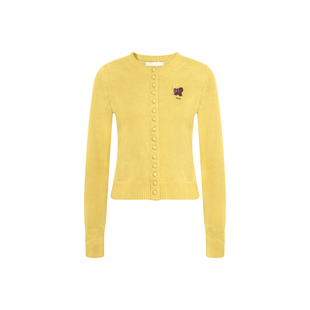 Kroche 趣味动物 撞色小猫刺绣圆领布包扣长袖针织开衫