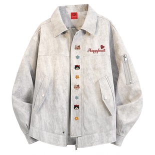 查尔斯桃心 美式高街扎染翻领夹克男春秋季宽松情侣百搭休闲外套