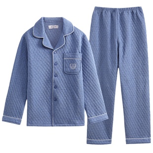 美标三层加厚夹棉纯棉睡衣套装男秋冬字母刺绣可外穿全棉质家居服