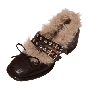 ShānRen高级感法式复古加绒玛丽珍鞋 粗高跟一字带浅口毛毛单鞋