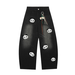 文文不乖原创美式复古熊猫植绒刺绣挂件牛仔裤女秋冬加绒阔腿长裤