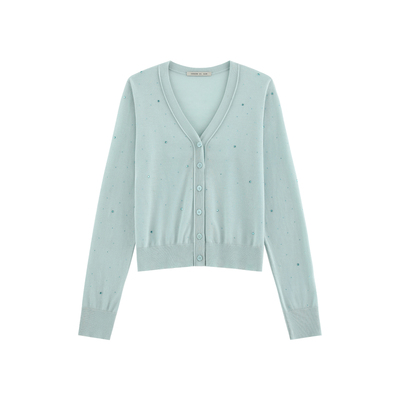 轻盈感烫钻V领毛织开衫