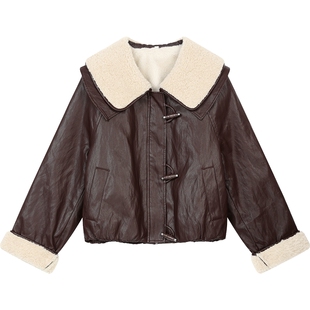 妖精的口袋毛绒翻领咖色皮衣外套女2025年冬季新款高级感皮夹克