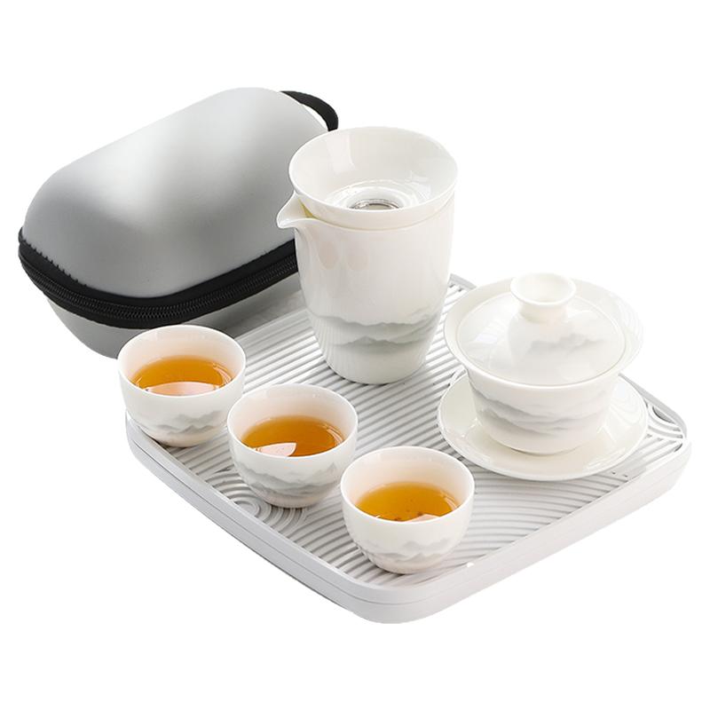 羊脂玉白瓷旅行功夫茶具套装家用悬停盖碗户外便携茶杯一人饮泡茶