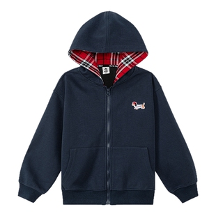 左西女童卫衣外套春秋儿童腊肠狗格子拼接连帽衫上衣2026新款春装