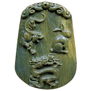 绿檀木雕三合生肖三会木局组合挂件绿色龙虎兔马蛇木制吊坠钥匙挂