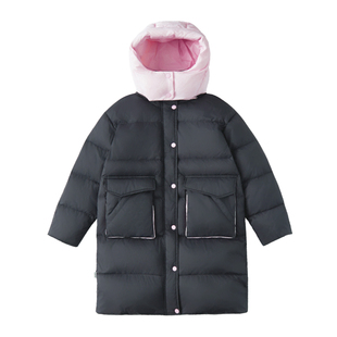 棵初25年冬季新款亲子中大女童拼色长款羽绒服防钻绒基础百搭外套