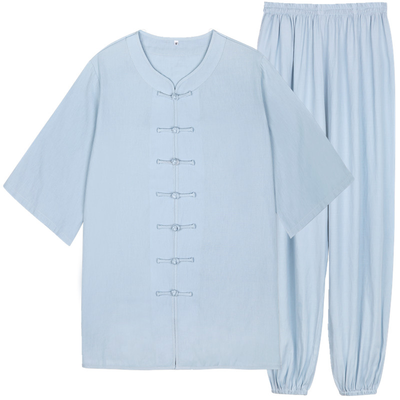 短袖太极服棉麻低圆领晨练中老年