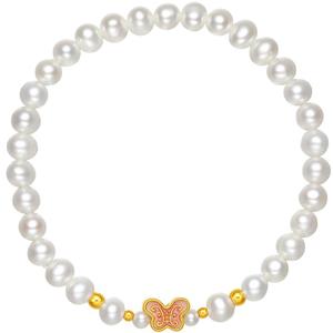 周六福黄金手串女5d硬金淡水珍珠黄金镶嵌蝴蝶结珐琅手串节日礼物