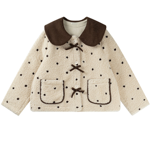 韩系甜美蝴蝶结胖莹莹大码女装冬季遮肉短款波点翻领仿羊羔毛外套