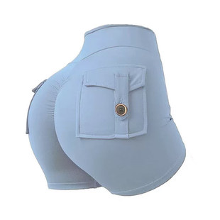 欧美性感蜜桃缝瑜伽裤口袋三分裤高腰提臀裸感跑步健身运动短裤女