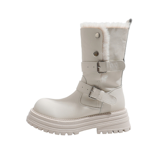 真皮~骄屿两穿雪地靴2025新款冬季厚底加绒保暖中筒白色东北棉鞋