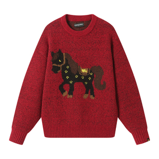 Dangerouspeople薛之谦dsp新款小马针织衫冬宽松慵懒情侣红色毛衣