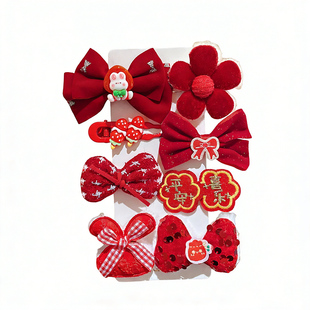 新年红色蝴蝶结儿童发夹女孩刘海夹边夹侧边花朵碎发夹子发卡头饰