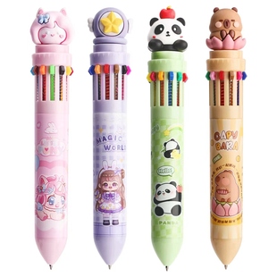 12色圆珠笔多色按动卡通可爱创意颜色笔按压多头式彩色多功能笔一支多合一蓝色黑红小学生用标记号做笔记专用