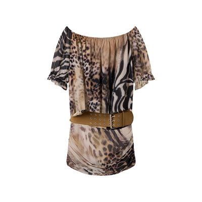 AE30 Saint 复古豹纹动物纹全印短裙 一字领缩褶垂感皮带连衣裙