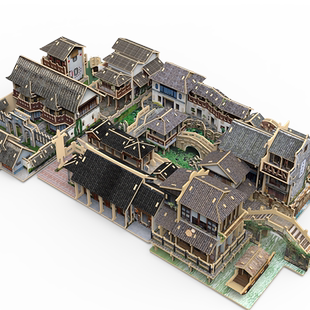 国潮古风老房子微缩建筑模型积木质立体拼图成人手工diy江南乌镇