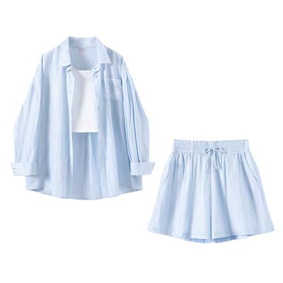 蓝色衬衫套装女夏季新款休闲衬衣