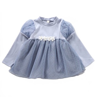 日本 apreslescours 2024秋女童华夫条纹雪纺蕾丝裙长袖高领上衣