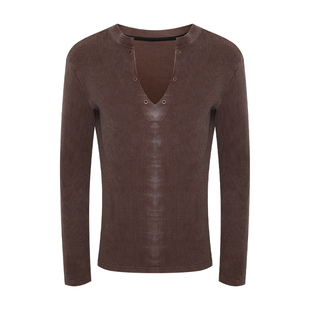 JohariWindow 秋季毛衣针织衫上衣修身v领套头纯色印花长袖t恤男