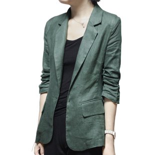 棉麻小西装外套春夏薄款修身显瘦亚麻西服七分袖女士大码休闲上衣