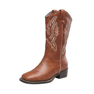 康奈女鞋西部牛仔靴秋冬刺绣中筒骑士靴V口显瘦长筒靴平底马丁靴