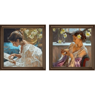 美式卧室床头挂画人物油画玄关背景墙装饰画双联主卧房间高档壁画