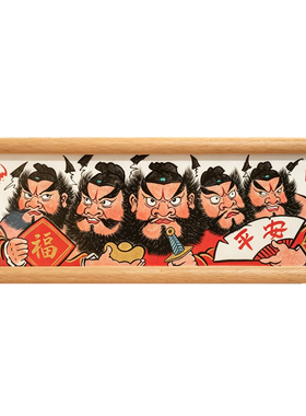 原创手绘五魁首朱砂钟馗神威五福实木相框吉祥桌面摆件新中式原木