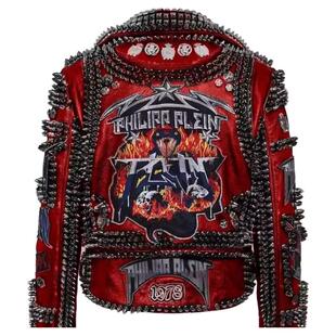 美国代购Studded㊣ 手作蒸汽朋克尖刺铆钉补丁机车栗色夹克皮衣