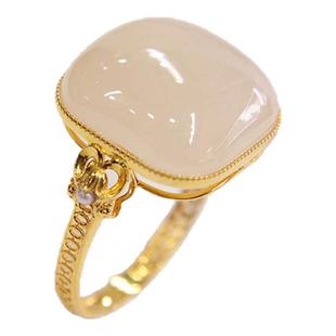 38女神天然和田玉戒指女藕粉白玉方形镶嵌18k金指环a货老坑送妈妈