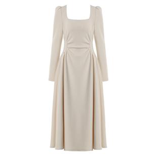 DPLAY2026春季法式白色连衣裙女复古方领收腰长款裙子气质长裙