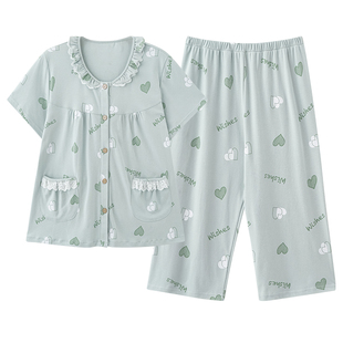 芬腾可安夏季睡衣女款纯棉短袖七分裤薄款中年妈妈全棉家居服套装