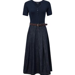 Vero Moda连衣裙女2026秋季新款针织牛仔拼接纯色可拆腰带A字长裙