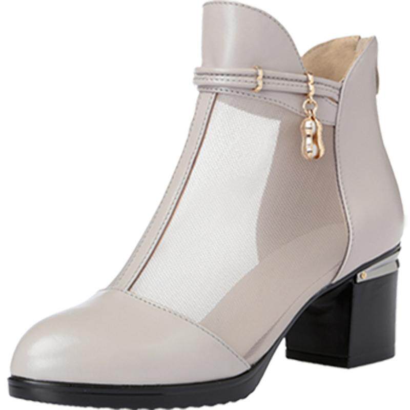 新款夏季网靴女凉靴真皮凉鞋女士凉皮鞋女网靴中跟大码妈妈鞋女鞋