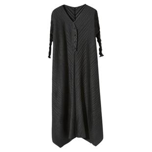 女人味褶皱长款连衣裙夏装棠梨风穿搭旗袍扣V领宽松气质A字大摆裙