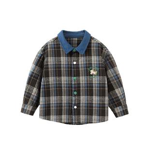 100%棉齐齐熊宝宝格子衬衫男童长袖外套儿童保暖衬衣2026秋冬新款