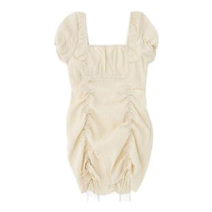 MOUSSY 春季新品纯欲辣妹风抽褶方领短款连衣裙010ISP33-6301