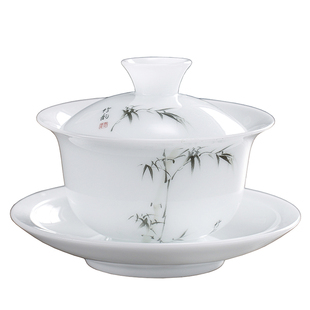 德化猪油白瓷三才盖碗茶杯单个素烧羊脂玉高端功夫茶具泡茶碗带盖