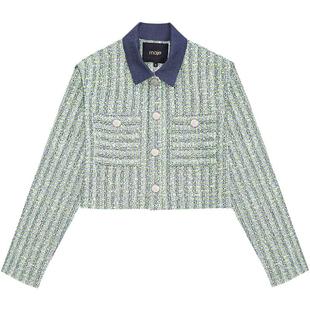 Maje春夏女装时尚气质通勤拼接翻领单排扣宽松短款长袖花呢外套