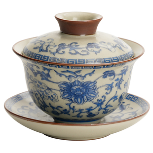 青花汝窑三才盖碗茶杯茶具单个高档不烫手悬停旋转陶瓷泡茶碗带盖