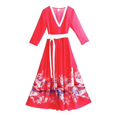 2023棉麻记新款国风印花长裙