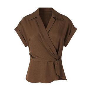 IMM尹默夏精选醋酸面料扭结下摆气质翻领短袖衬衫女