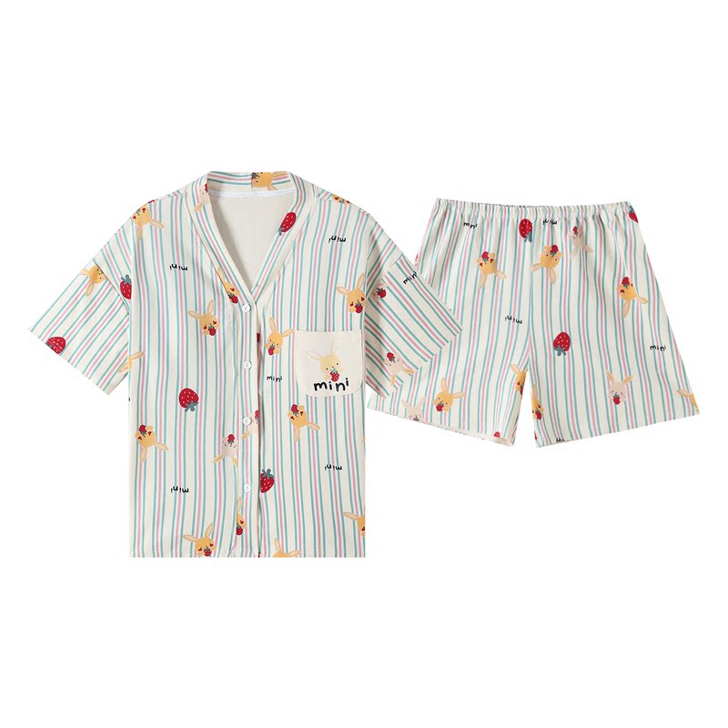 带胸垫睡衣套装女士夏季短袖开衫