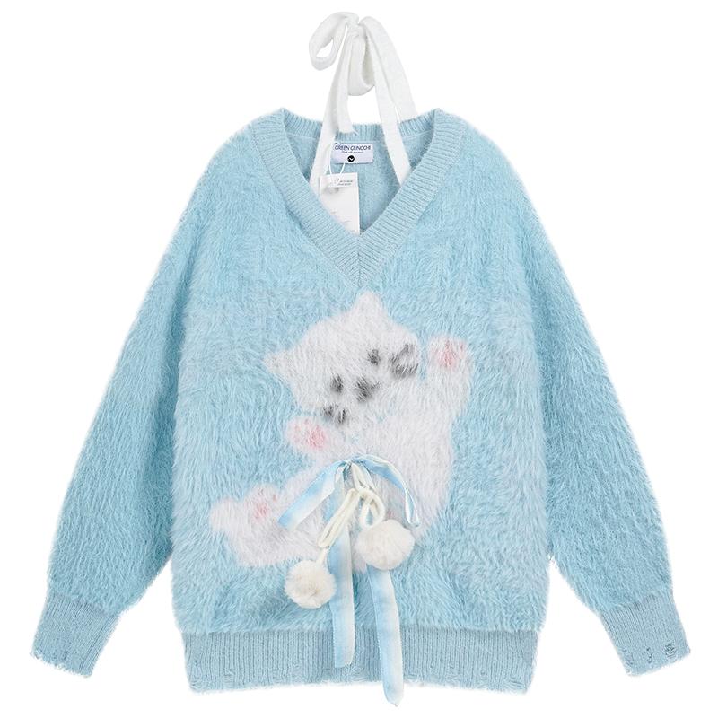Deschpe 美式高级感奶蓝色水貂绒猫咪蝴蝶结毛衣女秋冬款宽松上衣