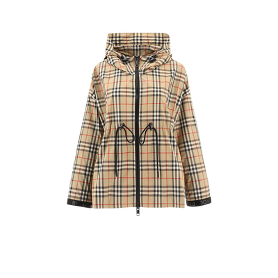 博柏利米色格纹连帽外套