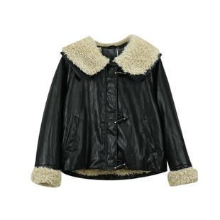 超酷质感穿搭羊羔毛翻领皮衣女加绒时尚休闲韩版皮质外套2025冬季