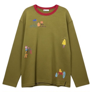 出货中章章 羊毛t刺绣印花童趣慵懒松弛舒适长袖T恤
