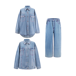 晶咕白标DADATATA复古水洗衬衫外套牛仔裤胖mm套装大码显瘦两件套